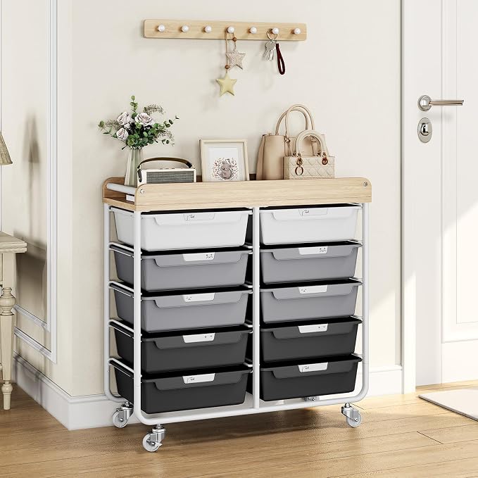 10 Drawers Rolling Cart with Wooden Tabletop, Utility Storage Cart with Wheels - Image 7