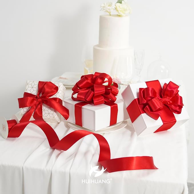 HUIHUANG Red Satin Wired Ribbon 1-1/2 inch Red Double-Faced Satin Wire Edge - Image 5