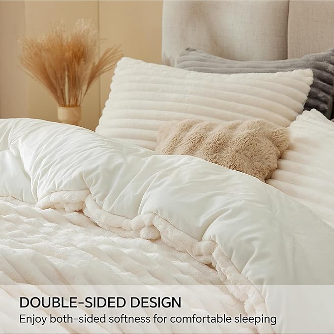 BEDELITE Fleece Twin Comforter Set -Super Soft & Warm Fluffy Cream White Bedding - Image 4