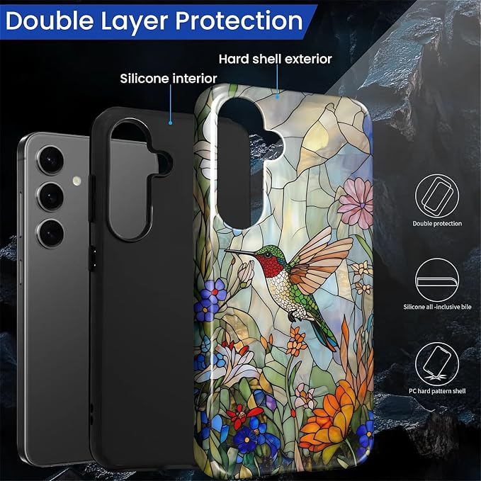 for Samsung Galaxy S23 FE Case, Hummingbird Wildflower Stained Glass Pattern - Image 3