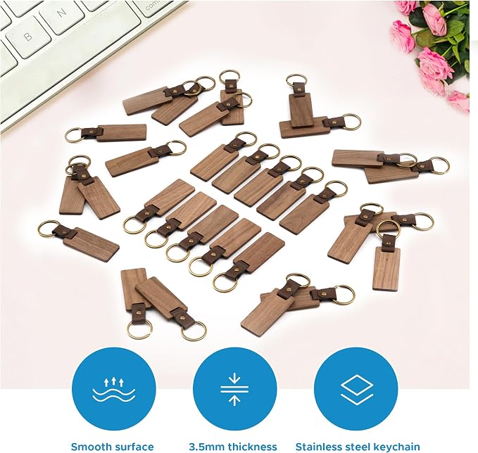 OMTech Wooden Keychain Blanks, Wood Key Chain Bulk, Unfinished Wooden Key Rings - Image 5