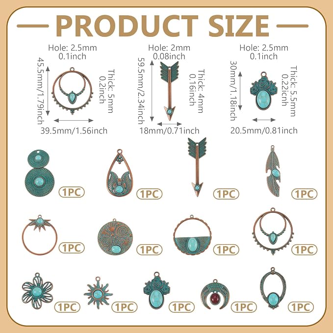 13Pcs Vintage Synthetic Turquoise Charms, Tibetan Style Alloy Bohemia Retro - Image 5