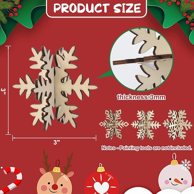 COCHIE DIY 3D Snowflake Wood Crafts to Paint, Paintable Unfinished Wooden Slices - Image 2