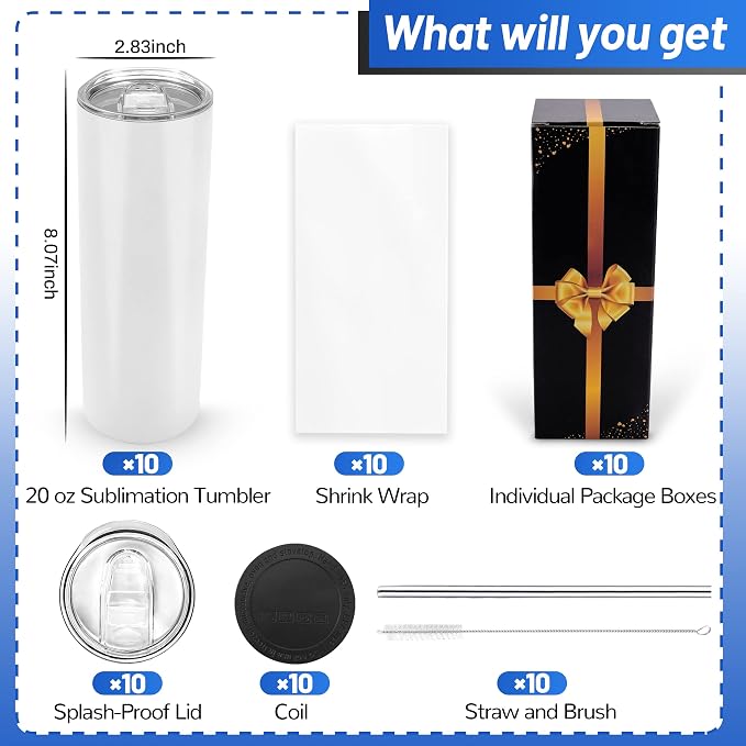 Joyclub Sublimation Tumblers Blanks 20 oz 10 Pack Skinny Straight Tumblers Bulk - Image 2