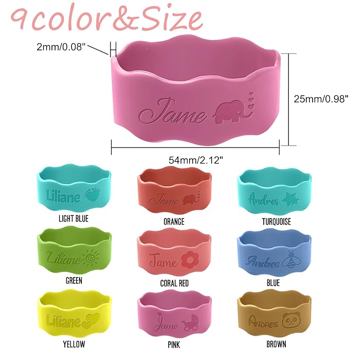 Personalized Baby Bottle Labels for Daycare Custom Water Bottle Name Bands Customized Engraved Silicone Baby Reusable Bottle Straps Labels for Cups School-Coral Red