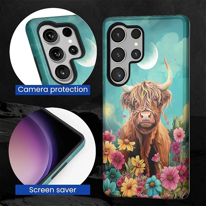 for Samsung Galaxy S25 Ultra Case, Highland Cow Flower Pattern Glossy 2 in 1 - Image 6
