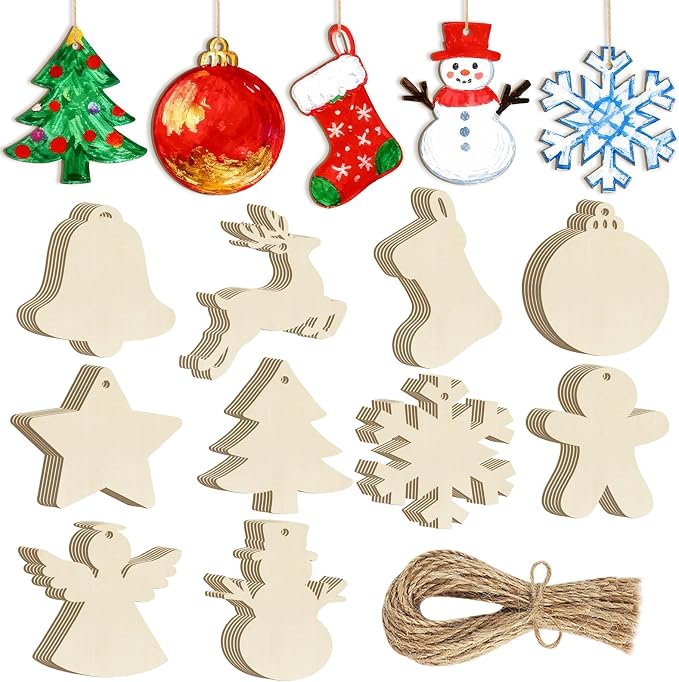 80PCS Wooden Christmas Ornaments to Paint, 8 Styles DIY Blank Unfinished Wood by Sophena