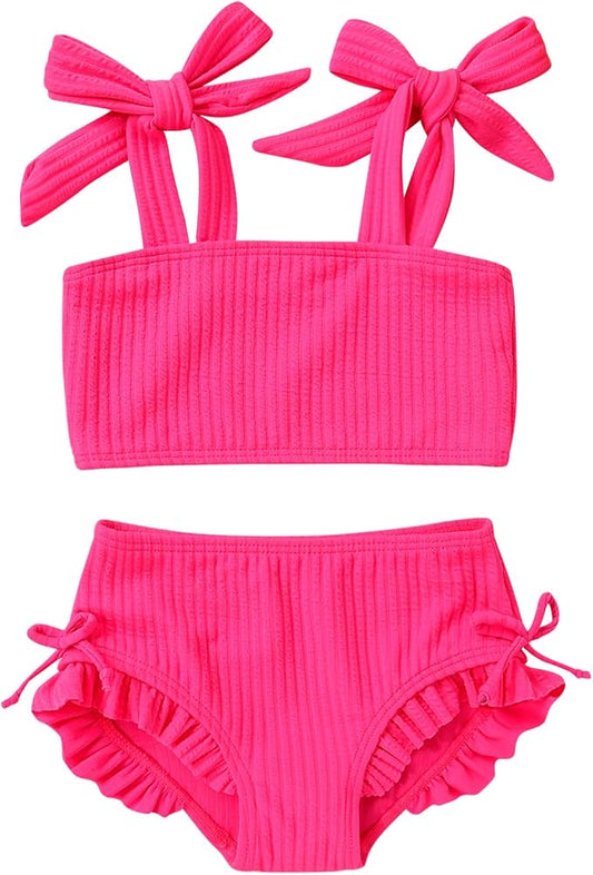 Toddler Swimsuit Girl Color Block Stripe Swimwear Baby Girl Summer Beach Bathing Suits Bikini Set with Ruffled Edges