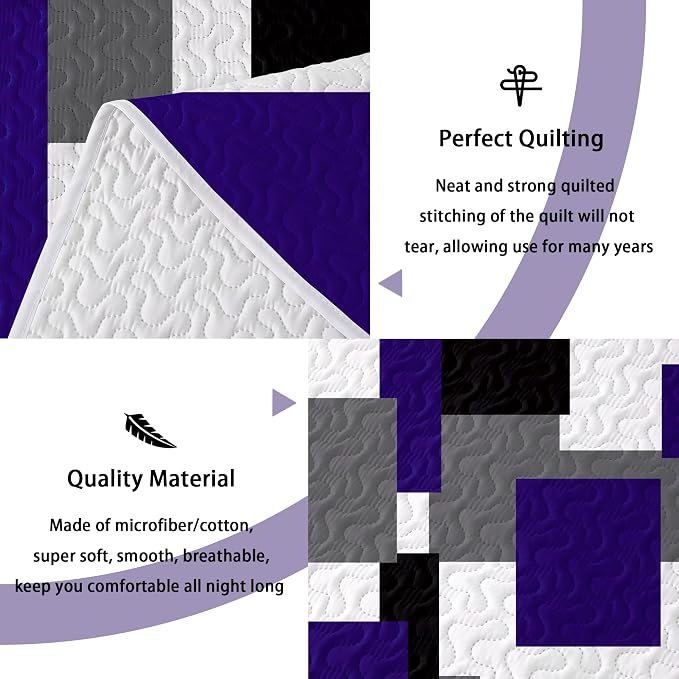 Tyrot 3 Piece Dark Purple Grey Quilt Set California King Size Black White - Image 4