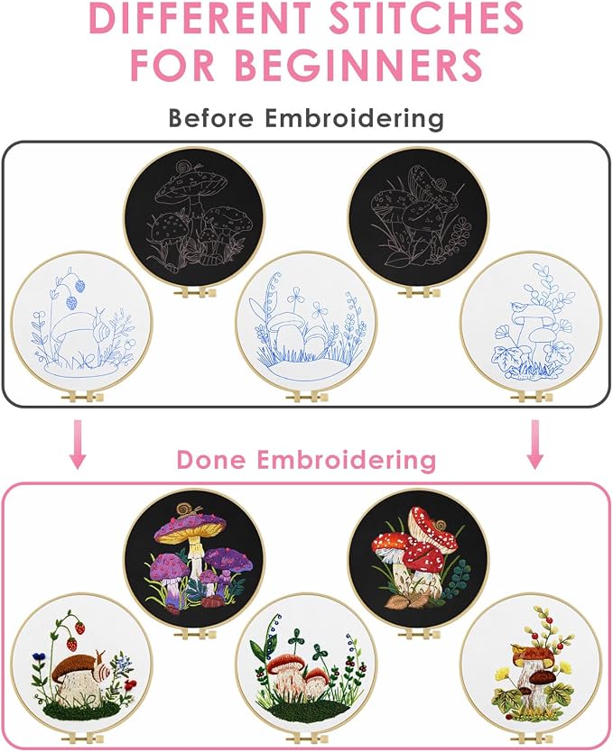 Embroidery Kit for Adult, 5 Sets Mushroom Embroidery Kit for Beginners | - Image 3