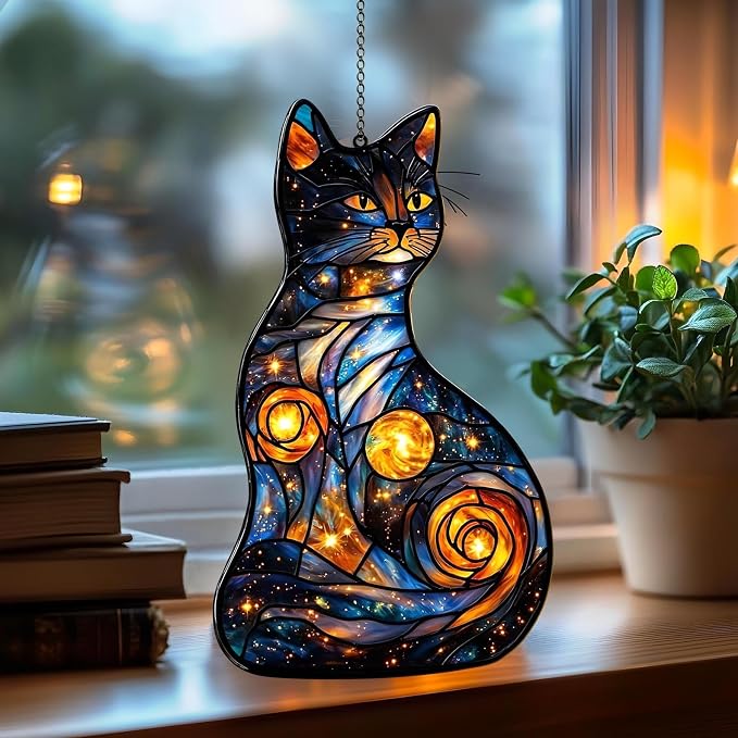 Black Cat and Moon Memorial Suncatcher Light Catcher Window Hanging Home by Unknown