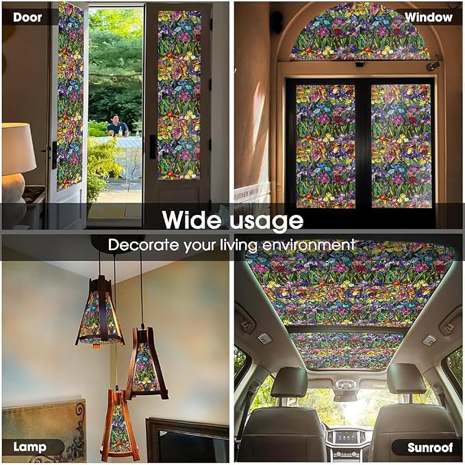 Colorful Purple Red Yellow Iris Flowers Stained Glass Window Films Decorative - Image 5