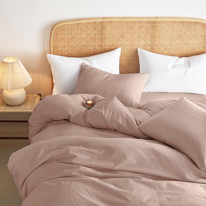 Wake In Cloud - Cotton Duvet Cover Set, Queen Size, Dusty Rose Pink, 100% - Image 4