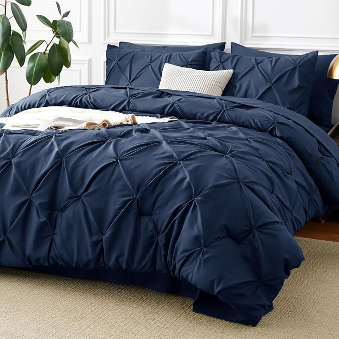 CozyLux Queen Comforter Set Navy Blue, 7 Pieces Pintuck Bed in A Bag, Premium by CozyLux