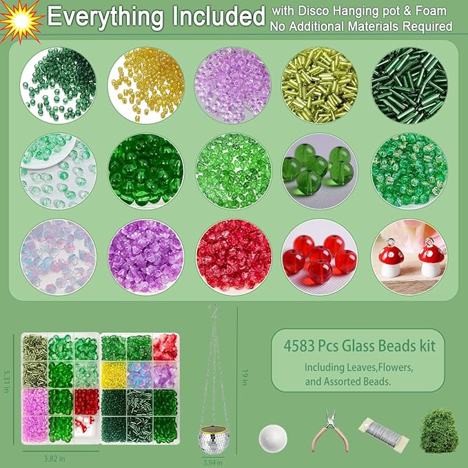 Beaded Plant Kit Green Glass Beads Flower Leaf Suncatcher Disco Ball Hanging - Image 4