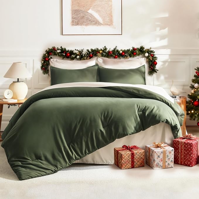 Litanika Dark Olive Green Comforter Set Full, 3 Pieces Solid Bedding Comforter - Image 6