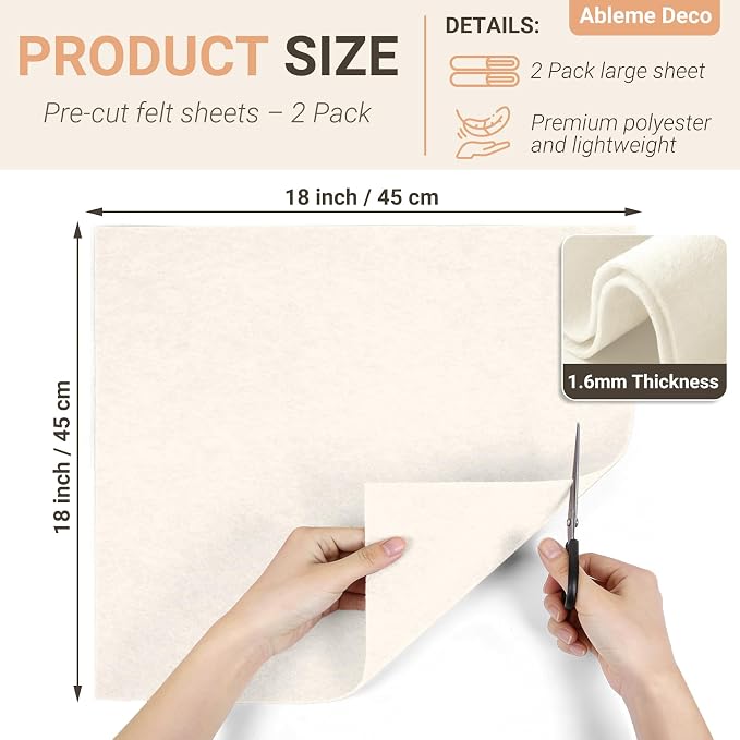 Ivory Felt Fabric Sheets 18" x 18" 1.6mm Soft Craft Felt Squares | Soft Precut - Image 2