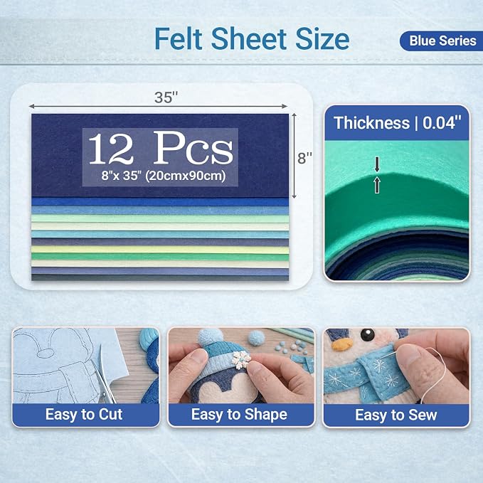 Large Stiff Felt Sheets 8"x35" – 12 Assorted Colors Felt Fabric Bundle Pack - Image 3