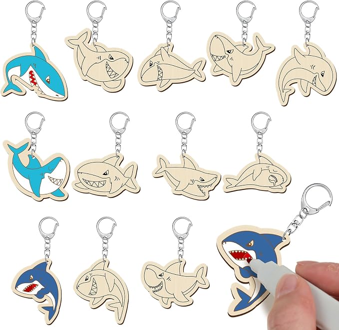 RattanView 24 Pcs Summer Shark Crafts Color Your Own Keychains DIY Craft Wooden by RattanView