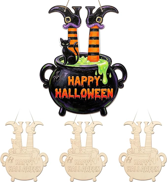 Paintable Halloween Ornaments 3 Sets, Wooden Happy Halloween Cauldron Ornaments by Sereliy