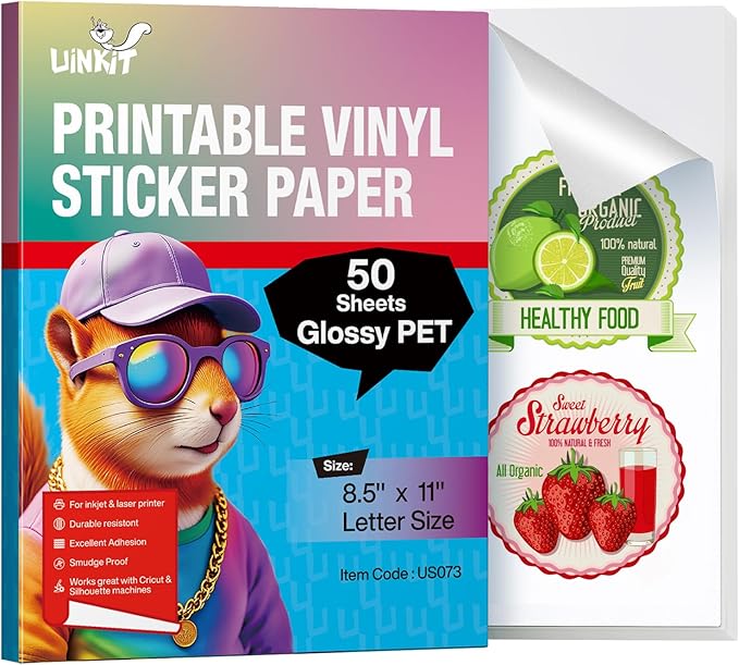 Uinkit Glossy PET Vinyl Sticker Paper Letter Size 8.5x11", Tear-Resistant & by UinkitHandicraftsandConservationSpecialist