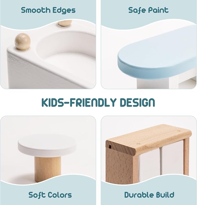ROBUD Wooden Dollhouse Furniture Set, Miniature Furniture Including 5 Room Kits - Image 3