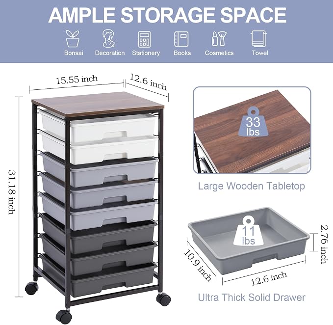 SYKIARIOL Rolling Cart with Drawers, Utility Cart With 8 Drawers and Wooden - Image 2