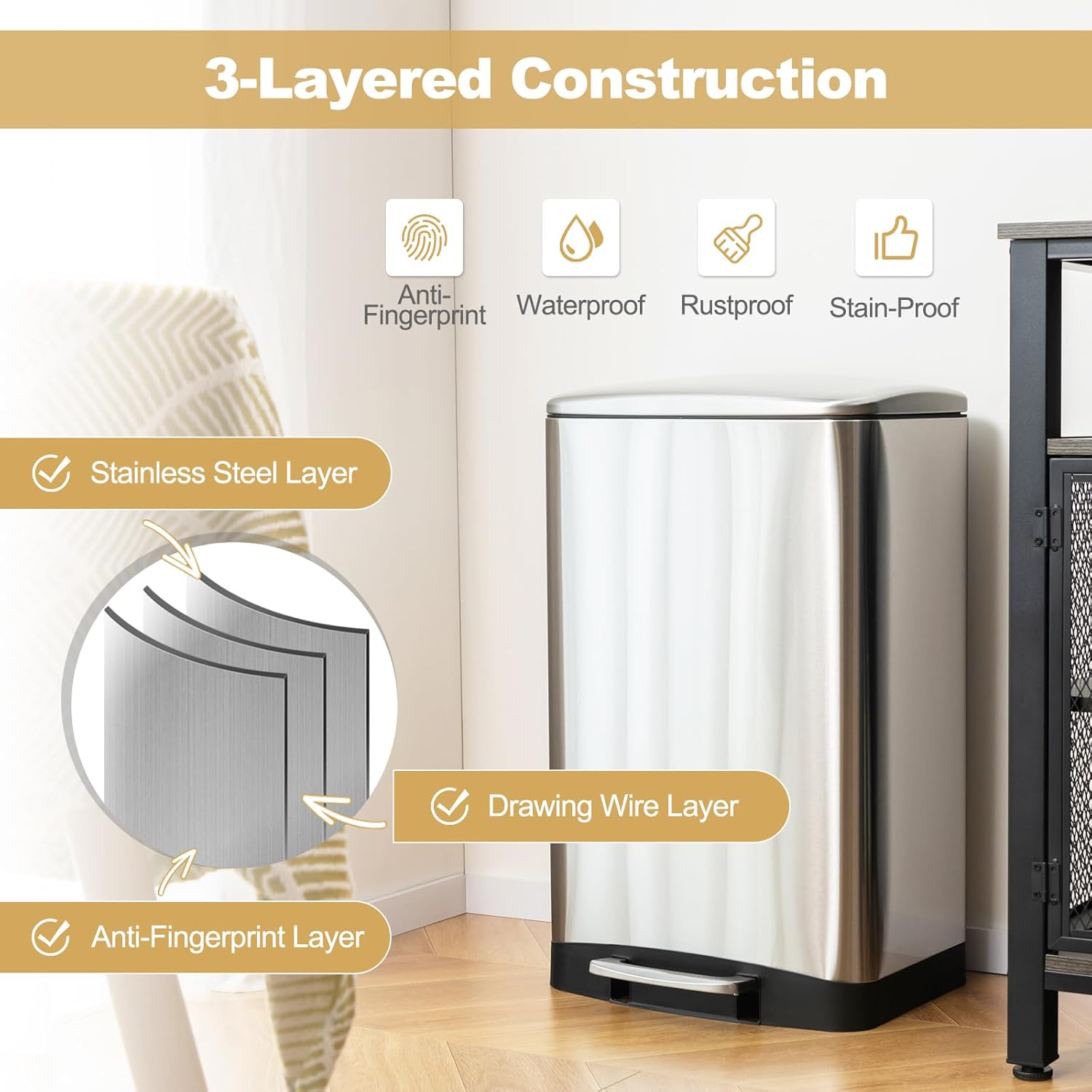 S AFSTAR 13.2 Gal Step Trash Can, 50 Liter Stainless Steel Pedal Trash Bin W/Lock Device & Soft Closing Lid, Recycling or Waste Bin, Rectangular Hand-Free Step-on Garbage Bin for Kitchen Home Office