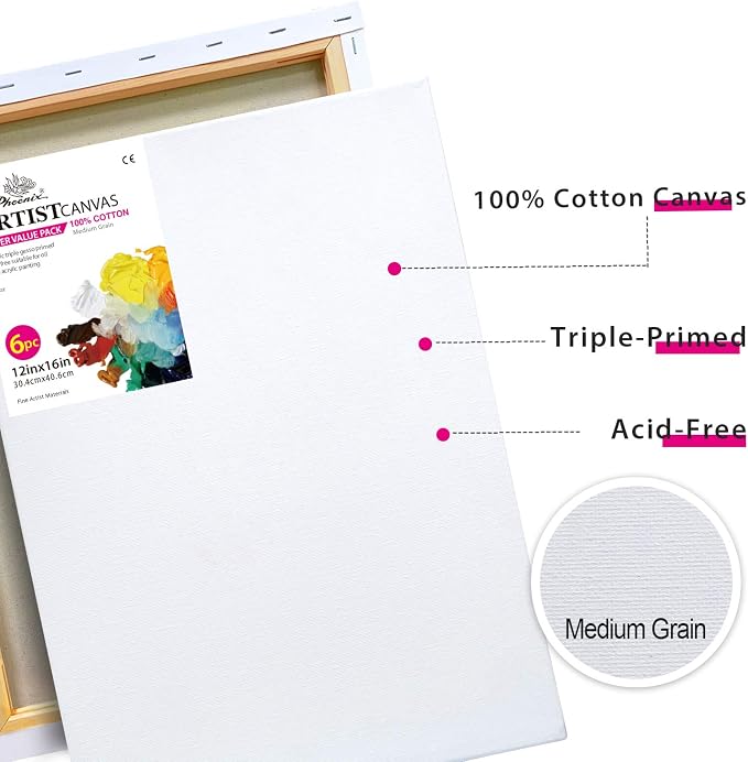 PHOENIX Stretched Canvas for Painting 12x16 Inch/6 Value Pack, 8 Oz Triple - Image 3