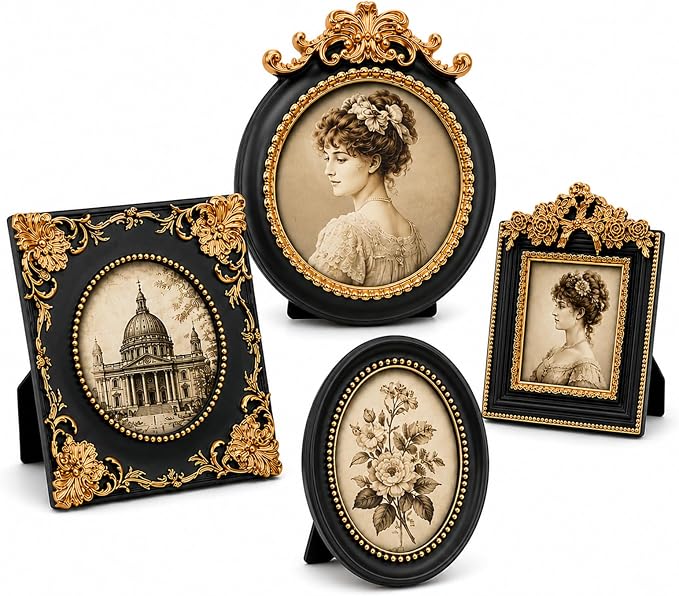 Qunclay Vintage Mini Picture Frames Set of 4, Round Rectangle Ornate Small by Qunclay