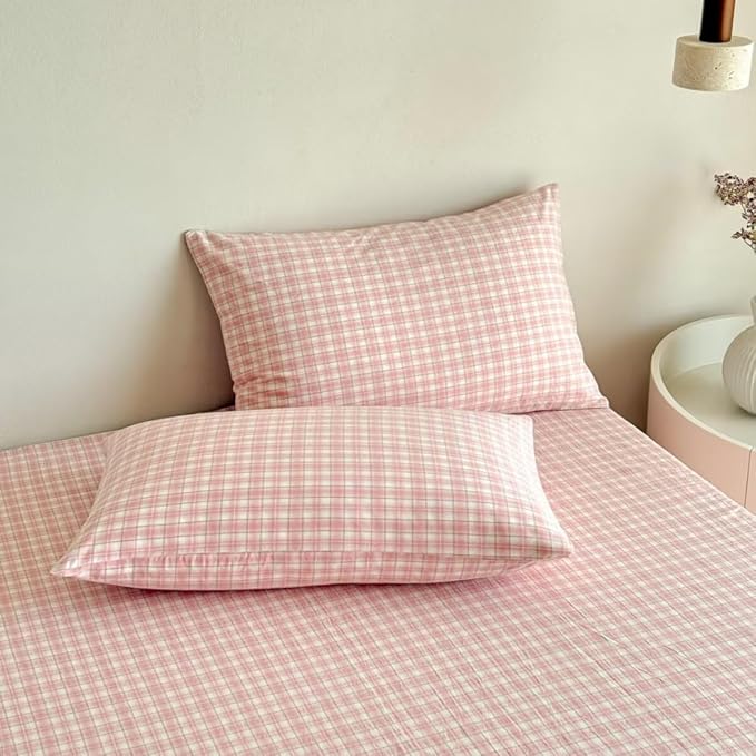 PinkMemory Pink Gingham Plaid Duvet Cover Set Queen 100% Washed Cotton Cute - Image 5