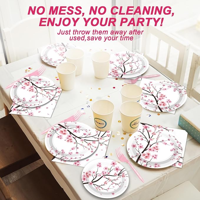 Qyeahkj 100 PCS Cherry Blossom Party Supplies Set Cherry Blossom Plates and - Image 7