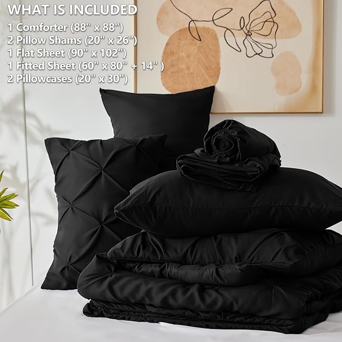 CozyLux Queen Comforter Set Black, 7 Pieces Pintuck Bed in A Bag, Premium Black - Image 6