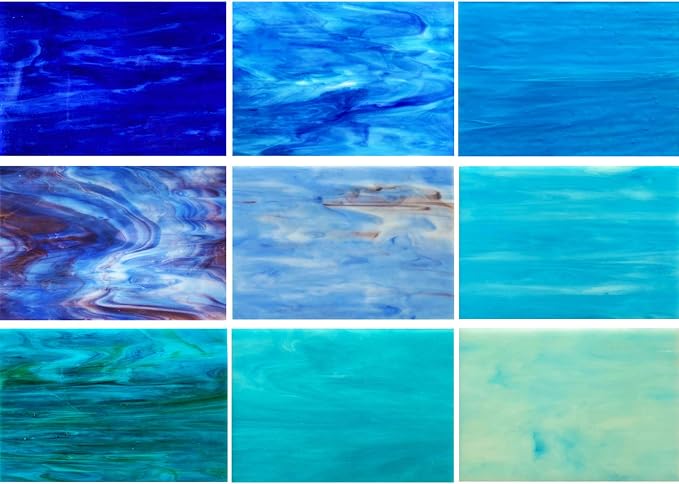 9 Pack Blue Stained Glass Sheets, 4 x 6 inch Mosaic Glass Stained Glass Supplies by PALJOLLY