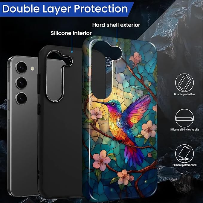for Samsung Galaxy S23 Case, Stained Glass Hummingbird Pattern Glossy 2 in 1 - Image 3