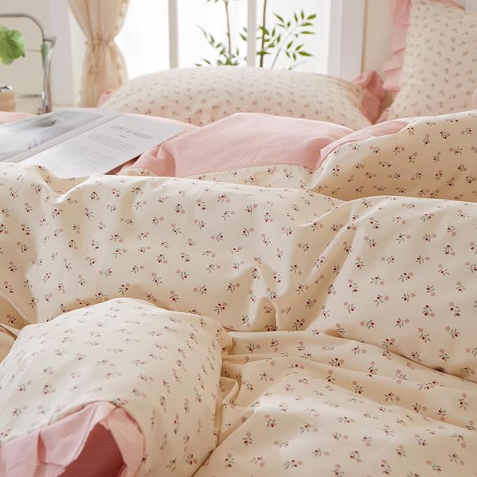 mixinni Pink Floral Duvet Cover Set King Size – 100% Cotton Ruffle Lace Bedding - Image 8