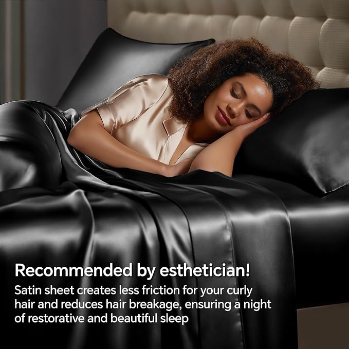 BEDELITE Satin Sheets Twin XL Size Bed Set, Luxury Soft Black Silky Sheets - Image 4