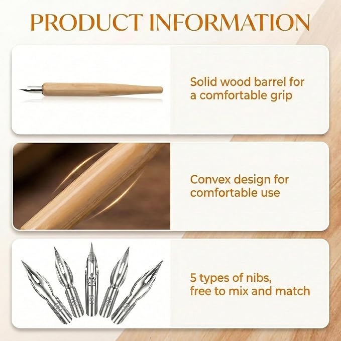 2 Pack Dip Pen Set, Oblique Calligraphy Pen Nib Set, Wooden Calligraphy Drawing - Image 3