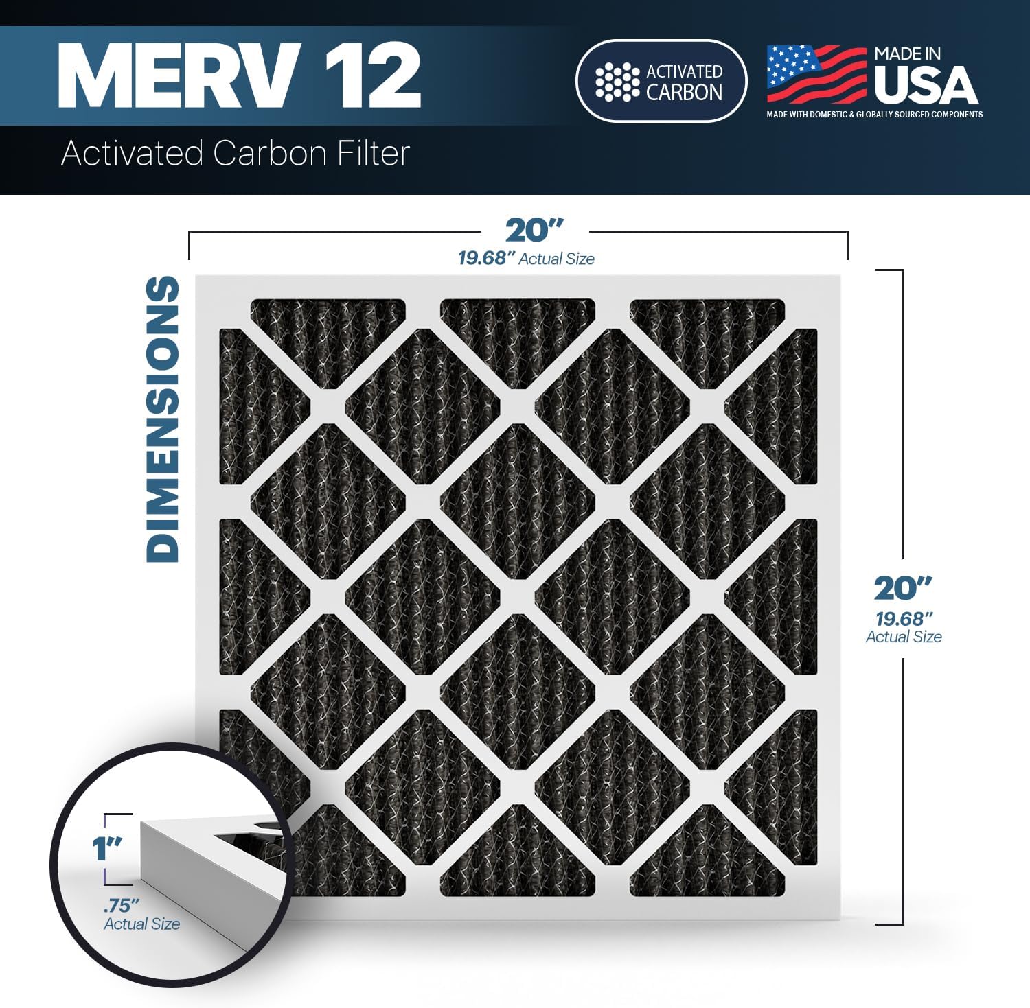 BNX TruFilter 20x20x1 MERV 12 Odor Defense (2-Pack) AC Furnace Air Filter with Activated Carbon - MADE IN USA - Pleated Air Conditioner HVAC AC Furnace Filters - Removes Odor, Mold, Bacteria, Smoke