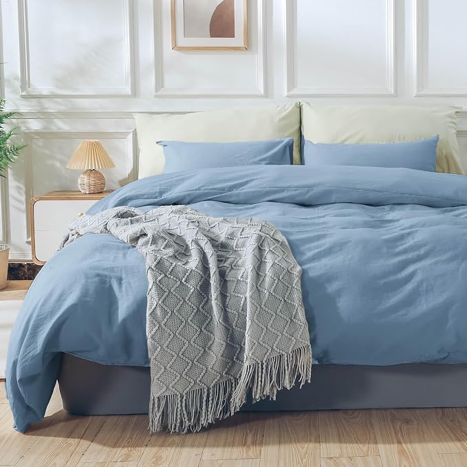 NEXHOME PRO Duvet Cover Set 100% Washed Cotton Full Size Linen Feel Textured - Image 2