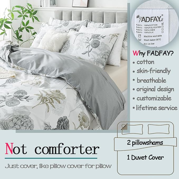 FADFAY Floral Duvet Cover Sets Twin Size 100% Cotton Ink Grey Vintage Flower - Image 2
