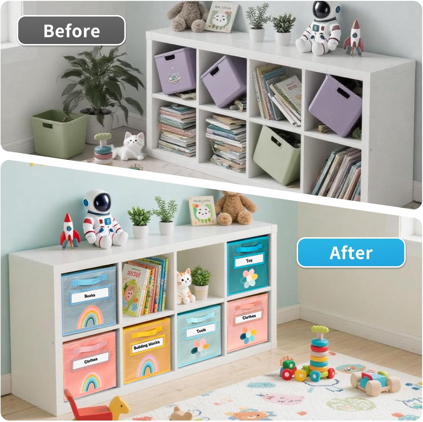 Cube Storage Bins, 6 Pack 11 Inch Fabric Storage Bins with Handle and Label Window, Foldable Storage Cubes, Colorful Fabric Bins for Kids Room, Classroom Organization and Storage, Clothes, Toys