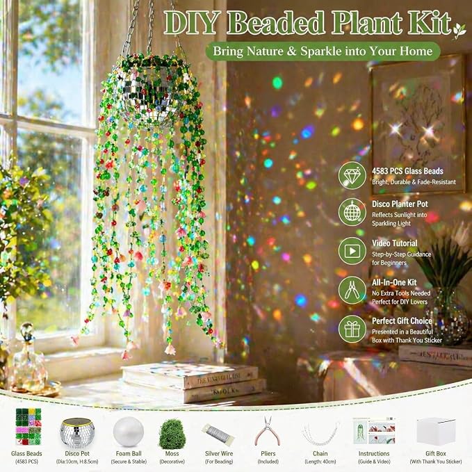 Beaded Plant Kit Green Glass Beads Flower Leaf Suncatcher Disco Ball Hanging - Image 3