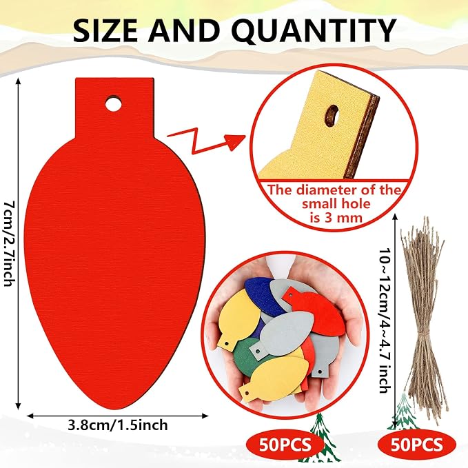 Queekay 50 Pcs Christmas Unfinished Wooden Light Bulb Wooden Slices Blank - Image 2
