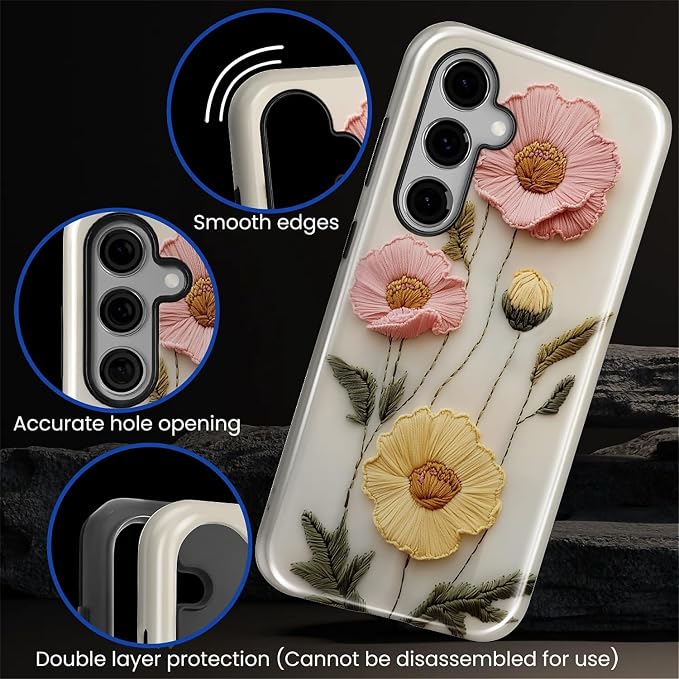 Case for Samsung Galaxy S26 Case, Faux Embroidery Boho Floral Design- Hybrid - Image 4