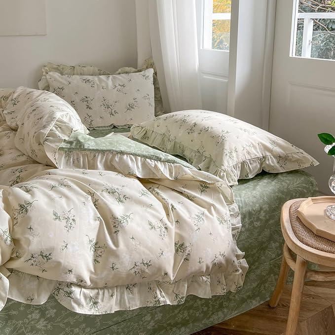 MKXI Botanical Floral Duvet Cover Twin Beige Girls Floral Ruffled Bedding Set - Image 5