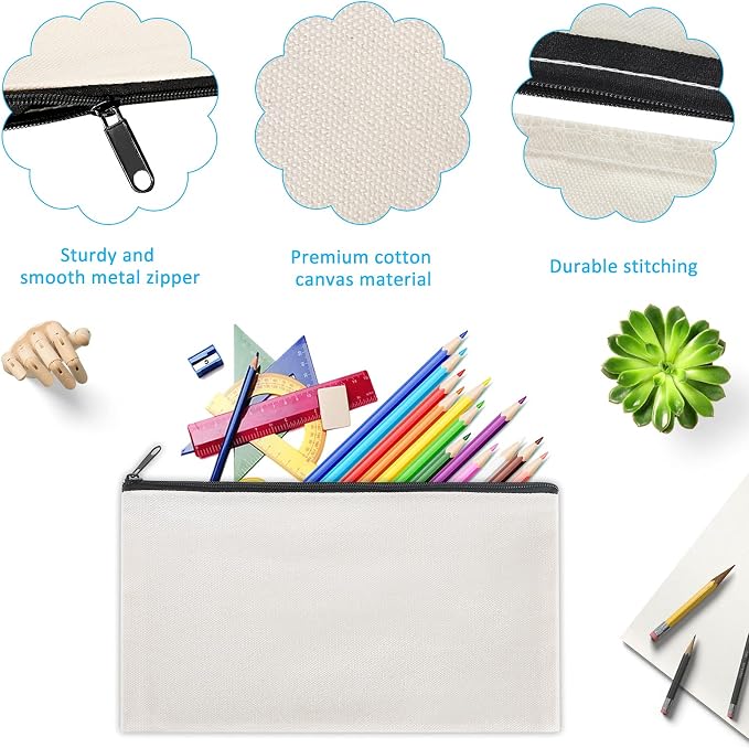 12 Pieces Cotton Canvas Makeup Bag, Blank DIY Craft Bag - Image 6