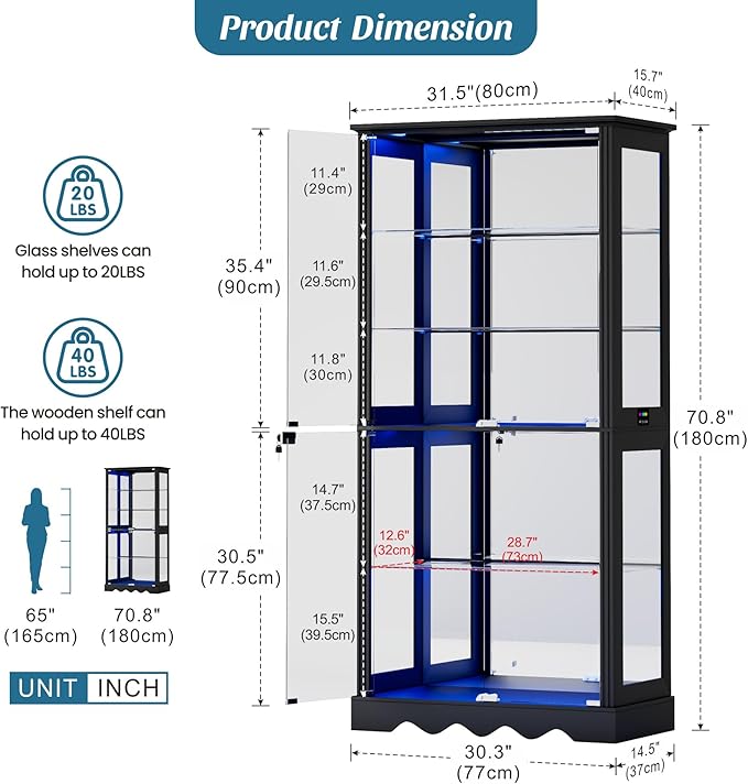 Dystler Display Cabinet with RGB LED Lights & Glass Doors, Flexible Storage - Image 2