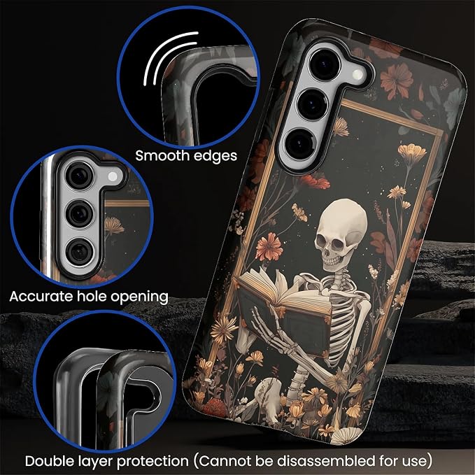 Case for Samsung Galaxy S23 Case, Skeleton Reader Goth Floral Design Hybrid - Image 3