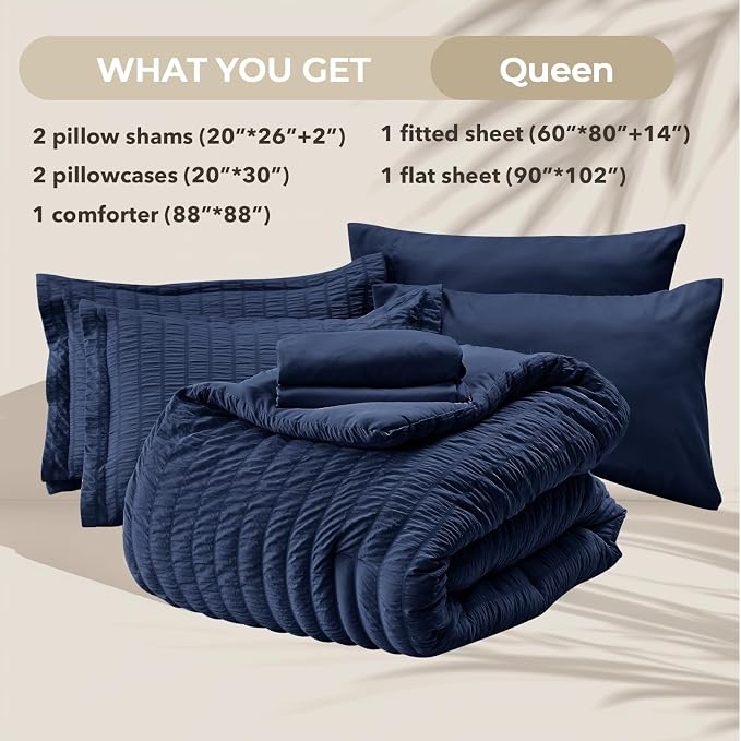 HYMOKEGE Navy Blue Queen Comforter Set Seersucker 7 Pieces, All Season Luxury - Image 6